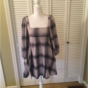 Urban Outfitters Grey Plaid Boho Prairie Flowy Mini Dress Size S